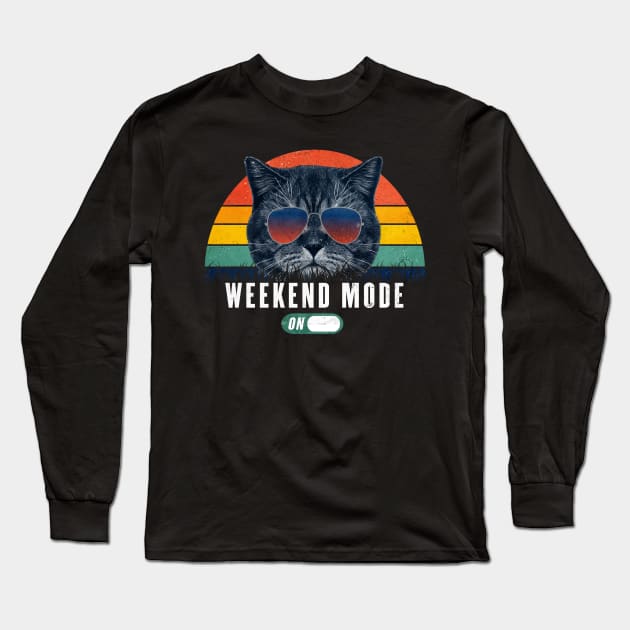 Retro Funny cat Weekend mode on 80s party Gift for Cat Lover Long Sleeve T-Shirt by geekmethat